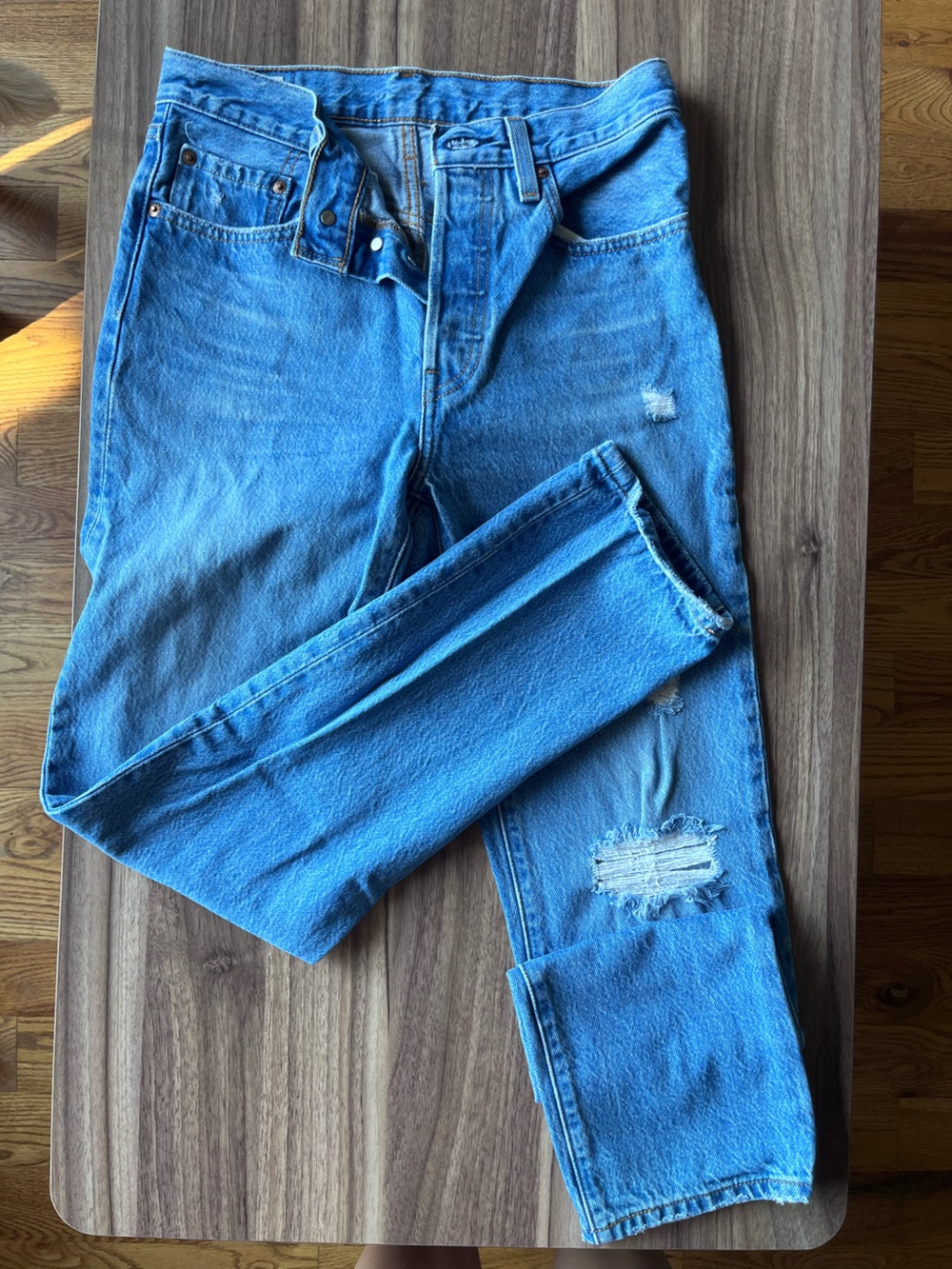 Women's Straight Leg Distressed Blue Jeans